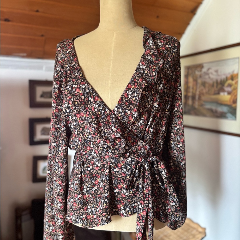 Floral Wrap Top - Black and Red